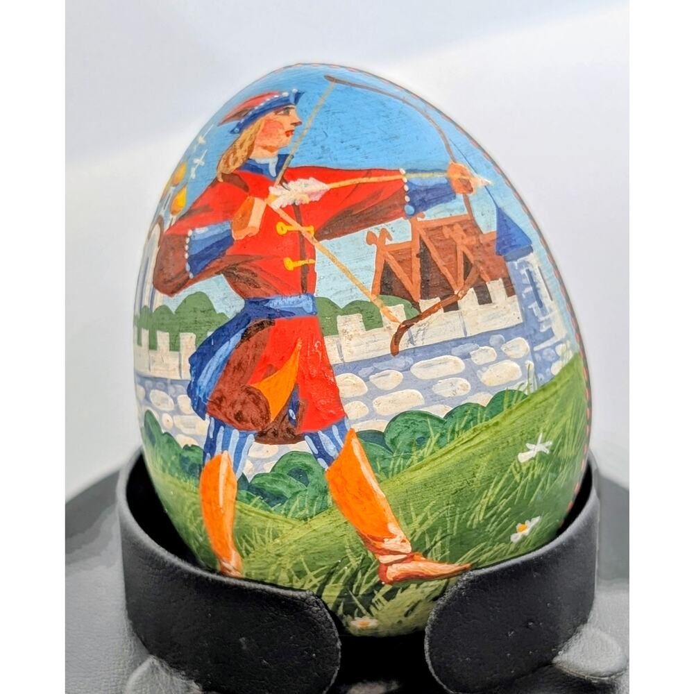 Wooden Russian Hand Painted Archer Man Frog Signed Black Decorative Egg